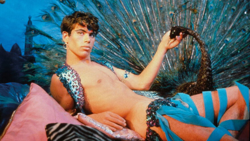 A shirtless man reclines, surrounded by fabrics and a taxidermy peacock.