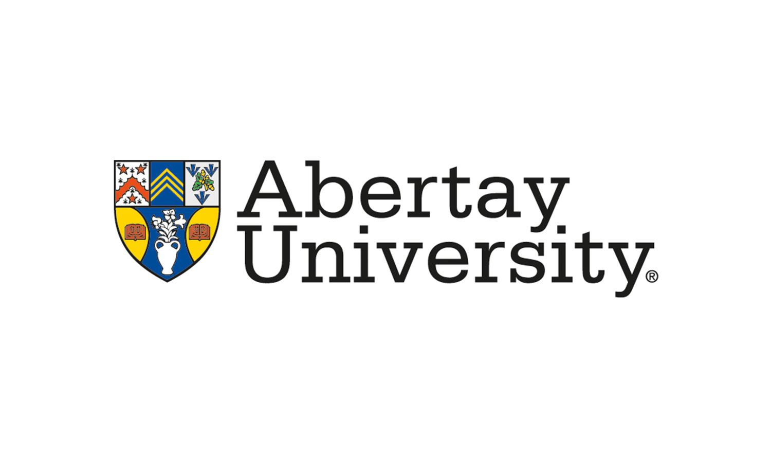 The logo for Abertay University featuring a blue and yellow crest.